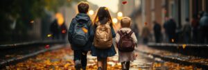 Backs Schoolchildren With Schoolbag Running To School